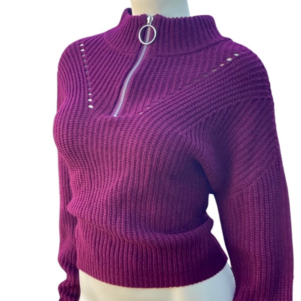 LOVE TREE PURPLE KNIT CROP LOOSE SWEATER WITH ZIPPER COLLAR